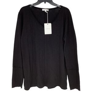 Mododoc Women's Large Black V Neck Long Sleeve T Shirt Front Seam Cotton I3-16